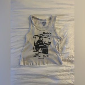 Grey cropped tank top. Graphic tee from John Galt.